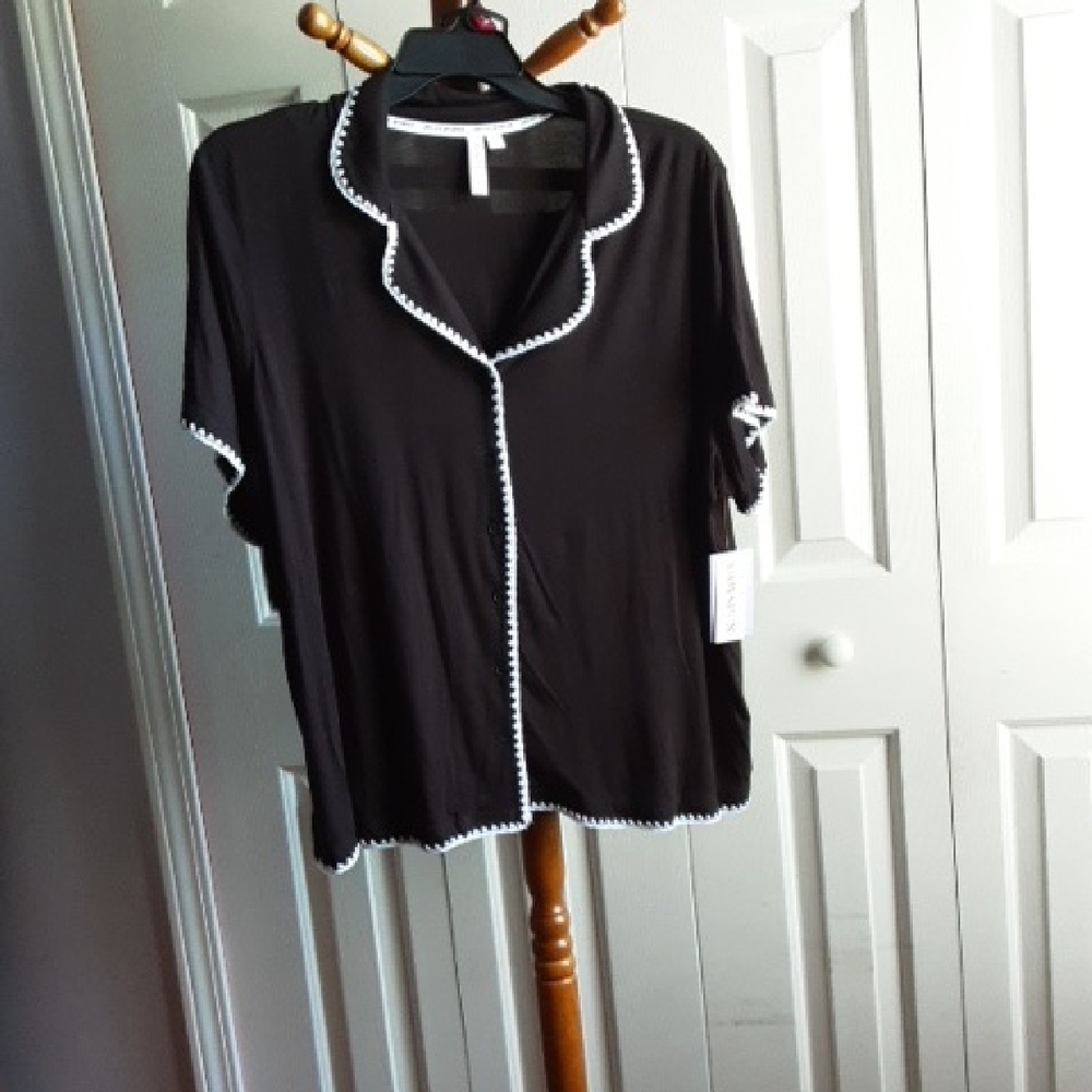 Elegant Black Pajama Top with White Trim